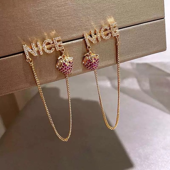 4/$15 Cute Rhinestones Gold and Pink Strawberry Chain Earrings - Picture 2 of 9